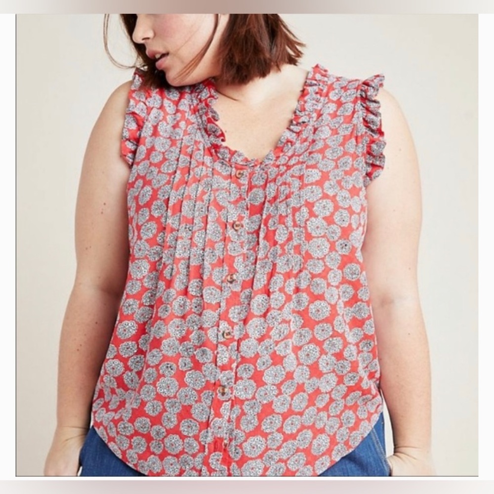 Anthropologie x MAEVE Floral Ruffle Sleeve Button Front Tank Top